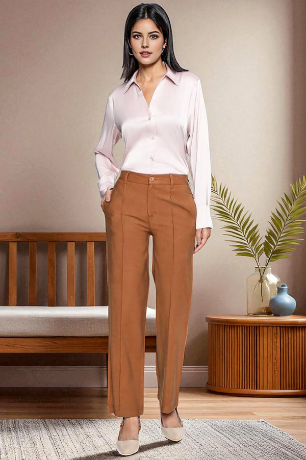 Elleven Women's Brown Solid Korean Rayon Formal Parallel Pants with YKK Zipper