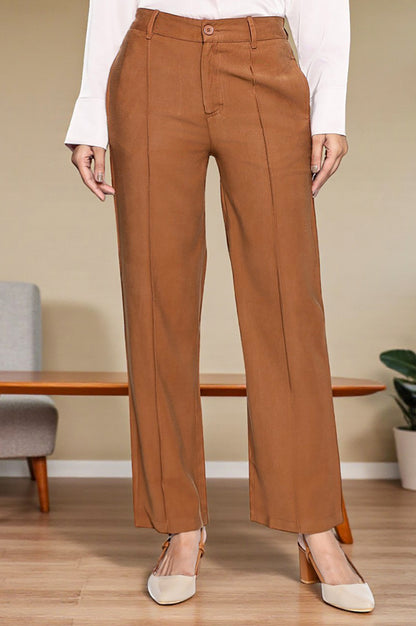 Brown Solid Korean Rayon Formal Parallel Pants with YKK Zipper