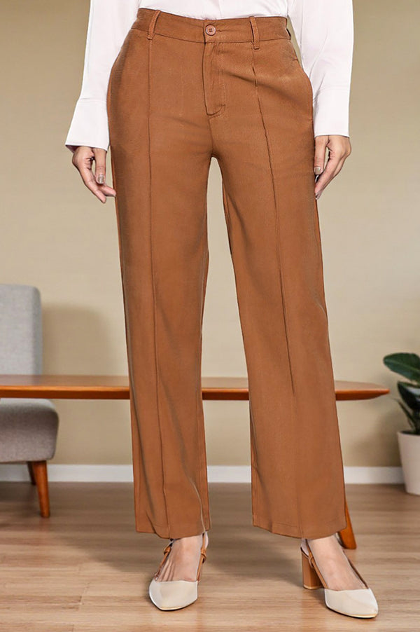Elleven Women's Brown Solid Korean Rayon Formal Parallel Pants with YKK Zipper