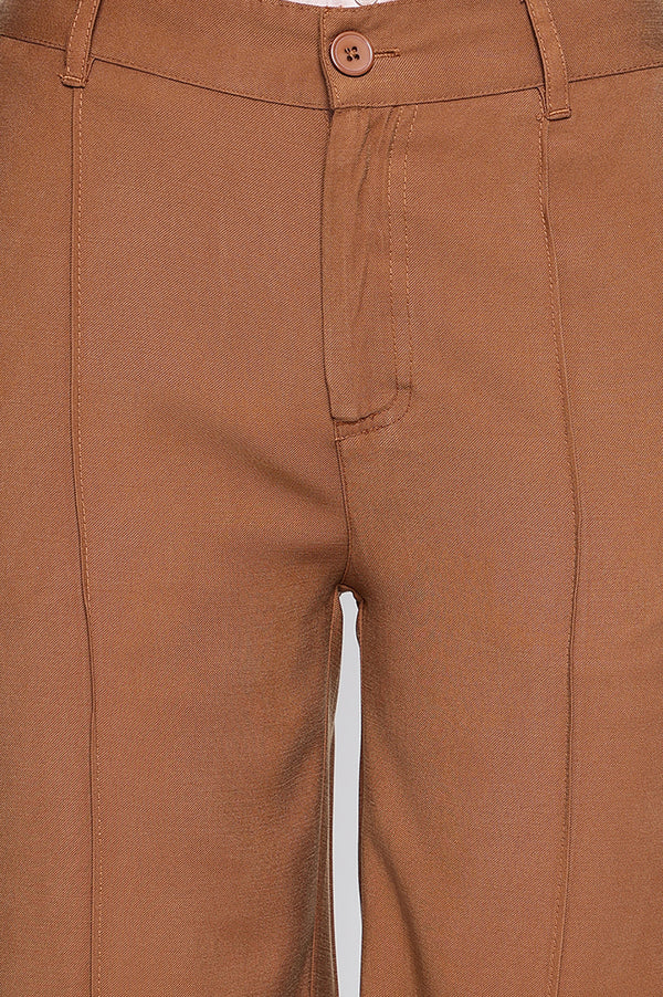 Elleven Women's Brown Solid Korean Rayon Formal Parallel Pants with YKK Zipper