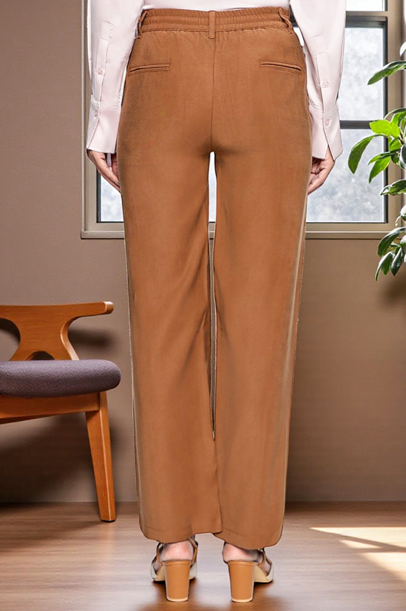 Brown Solid Korean Rayon Formal Parallel Pants with YKK Zipper