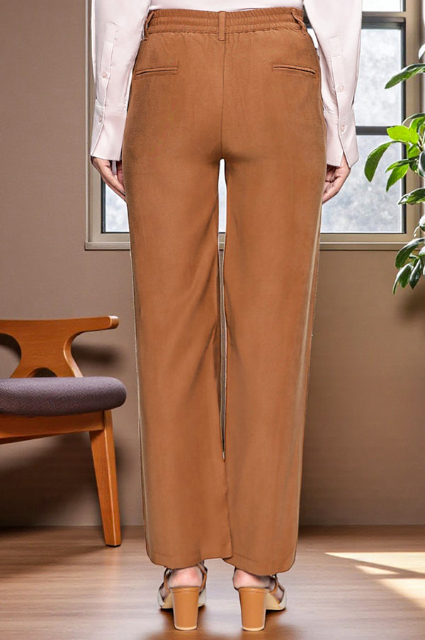 Elleven Women's Brown Solid Korean Rayon Formal Parallel Pants with YKK Zipper