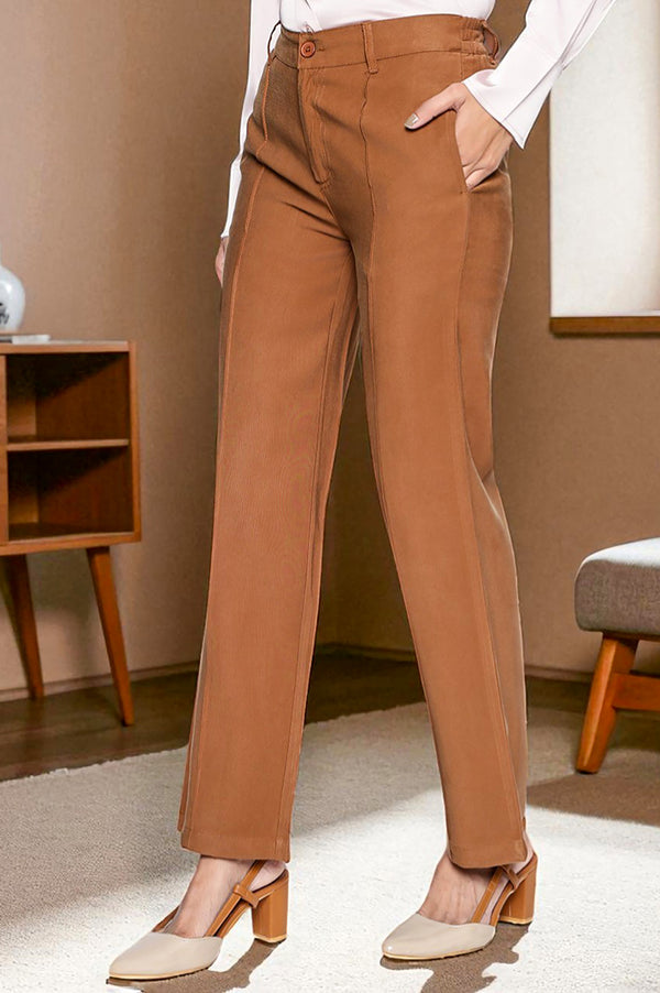 Elleven Women's Brown Solid Korean Rayon Formal Parallel Pants with YKK Zipper