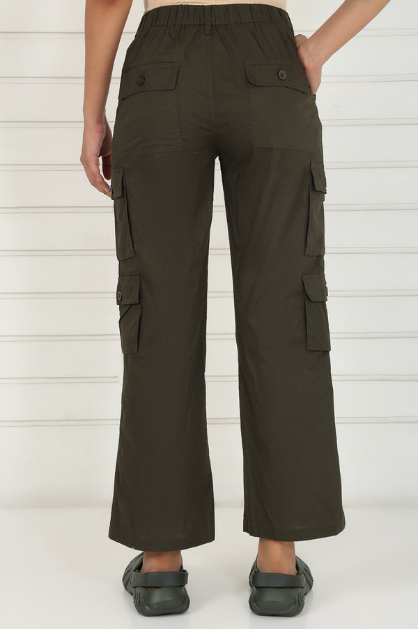 Elleven Women's Olive Solid Pure Cotton Cargo