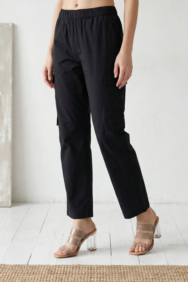 Elleven Women's Black Solid Pure Cotton Ankle Length Cargo