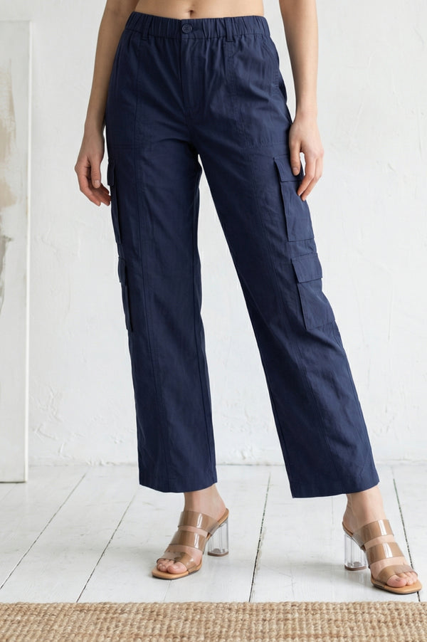 Elleven Women's Navy Blue Solid Pure Cotton Ankle Length Cargo