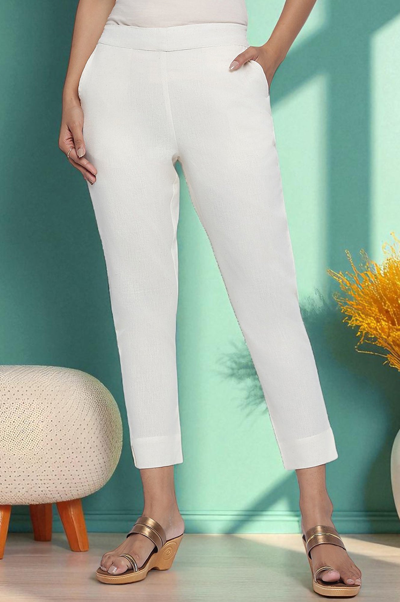 Black Solid Cotton Blend Trousers in Ankle Length