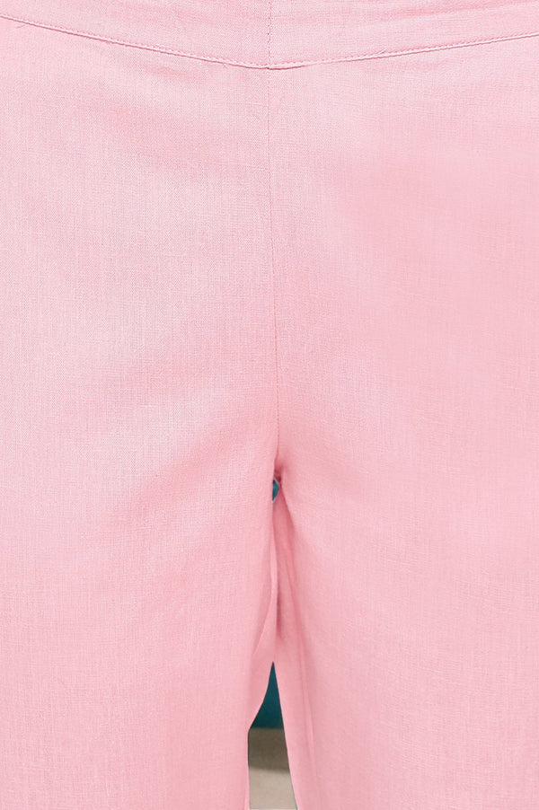 Pink Solid Cotton Flax Trousers in Ankle Length