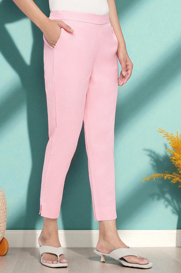 Pink Solid Cotton Flax Trousers in Ankle Length