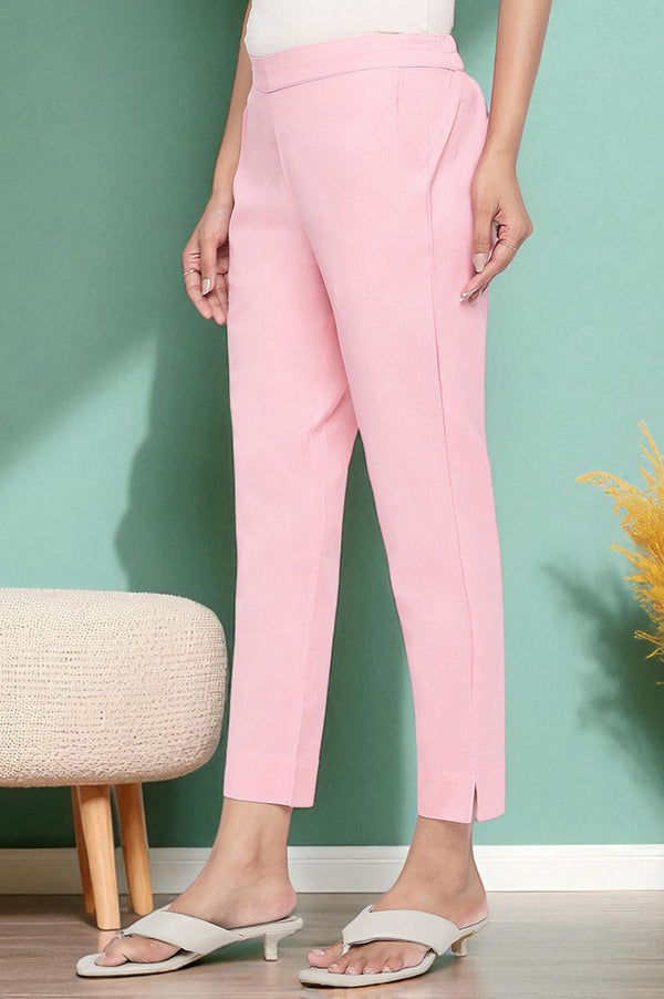 Pink Solid Cotton Flax Trousers in Ankle Length