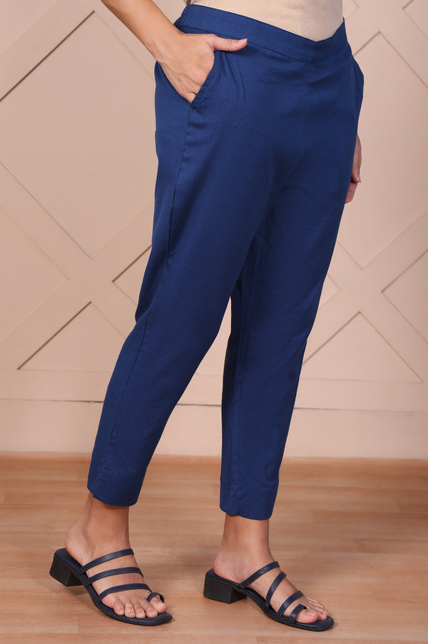 Elleven Women's Blue Solid Cotton Flax Mid Rise Ankle Length Slim Fit Trouser
