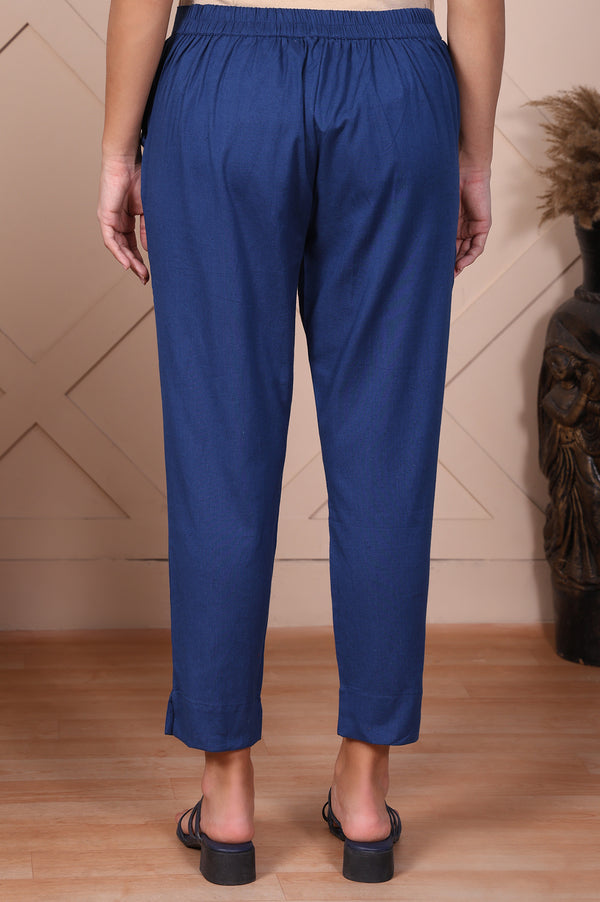 Elleven Women's Blue Solid Cotton Flax Mid Rise Ankle Length Slim Fit Trouser