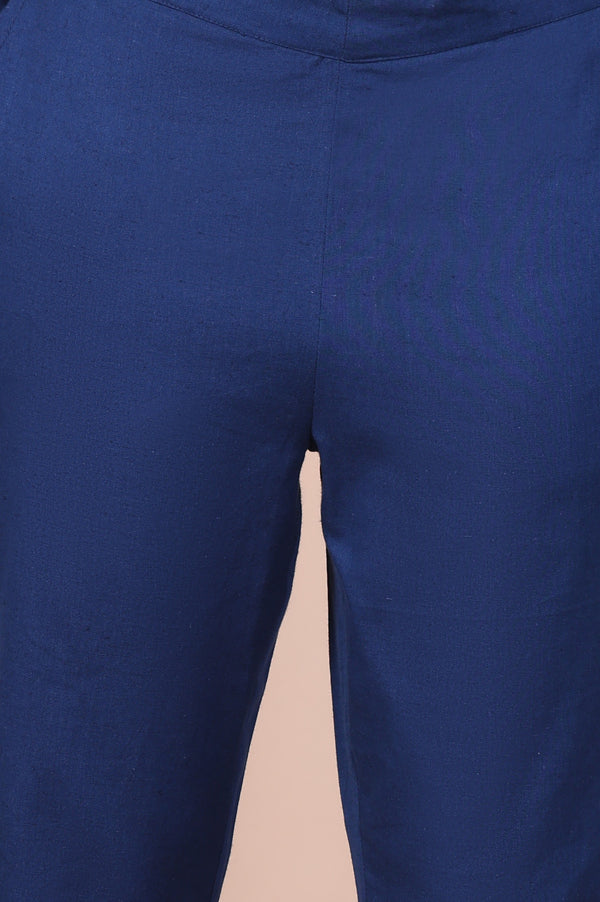 Elleven Women's Blue Solid Cotton Flax Mid Rise Ankle Length Slim Fit Trouser
