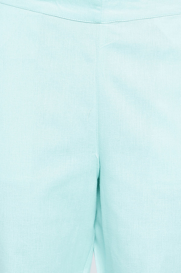 Blue Solid Cotton Flax Ankle Length Trousers
