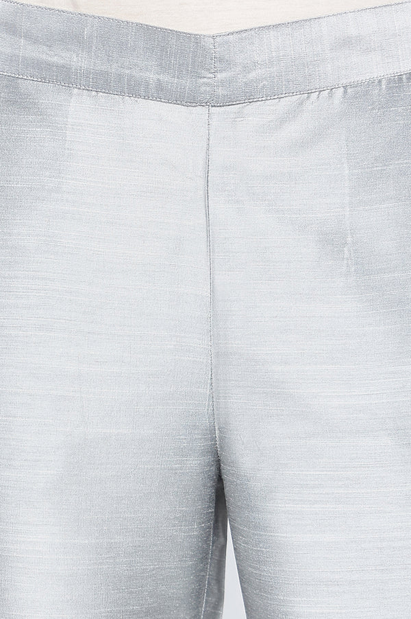 Grey Solid Mid Rise Slub Trousers in Ankle Length