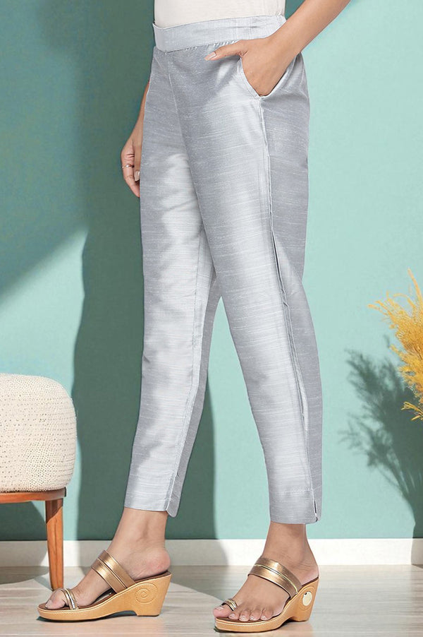 Grey Solid Mid Rise Slub Trousers in Ankle Length