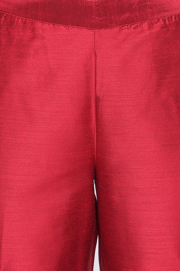 Red Solid Mid Rise Slub Trousers in Ankle Length