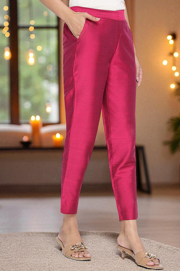 Pink Solid Mid Rise Slub Trousers in Ankle Length