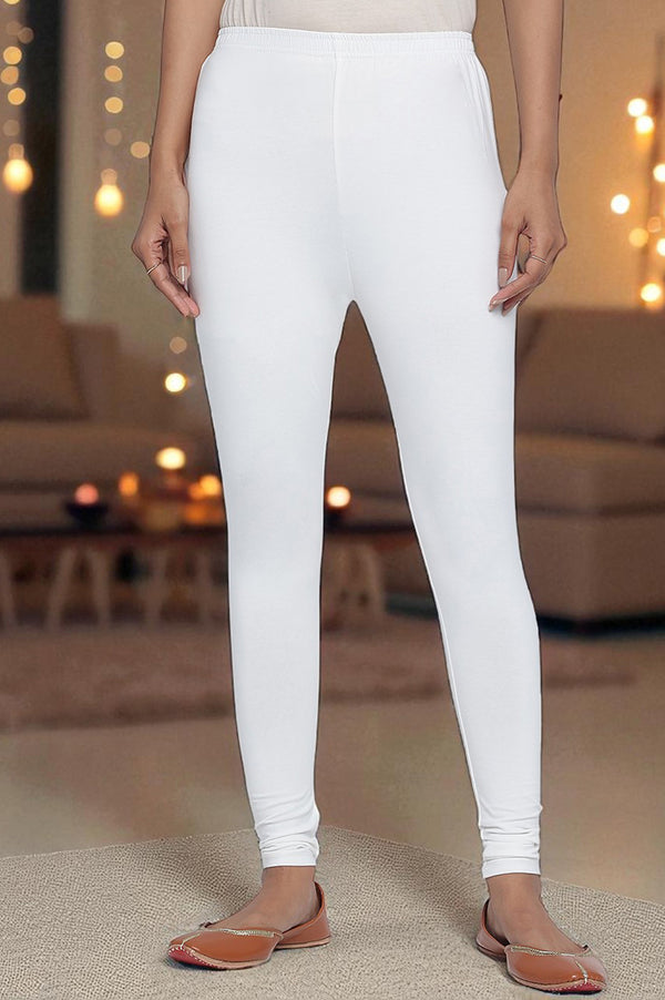 White Solid Cotton Lyrca Tights in Ankle Length