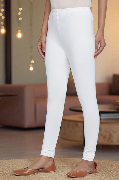 White Solid Cotton Lyrca Tights in Ankle Length