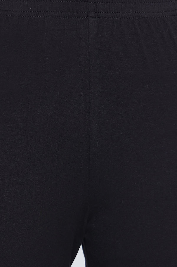 Elleven Women's Black Solid Cotton Lyrca Tights in Ankle Length