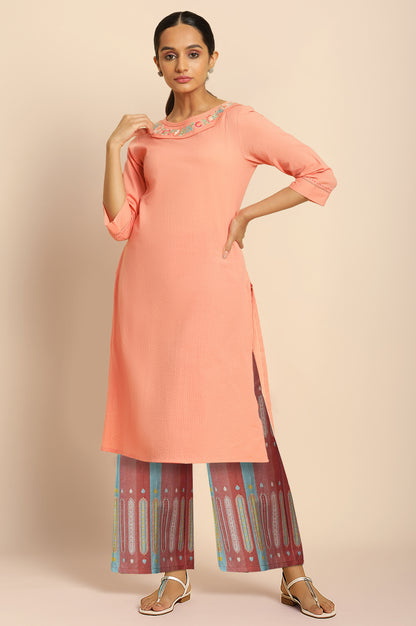Orange Solid Printed Pure Cotton Straight Kurta with Parallel Pant Set