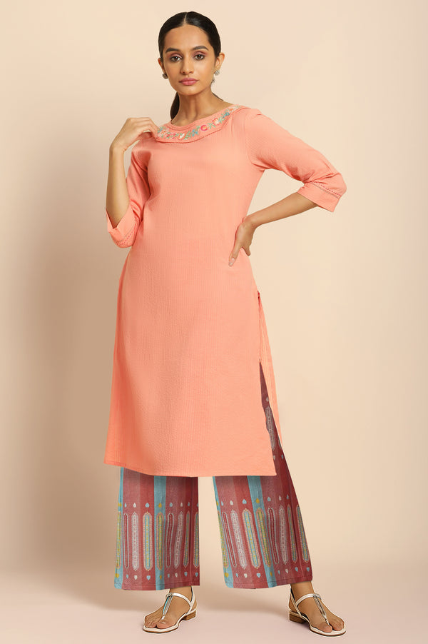 Orange Solid Printed Pure Cotton Straight Kurta with Parallel Pant Set