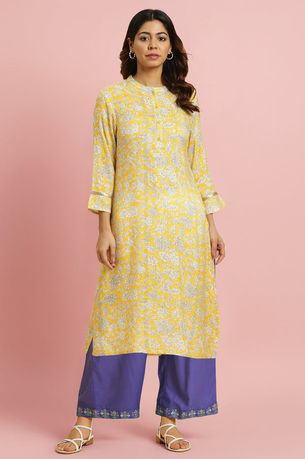 Yellow Floral Printed A-line Kurta with Parallel Pant Set