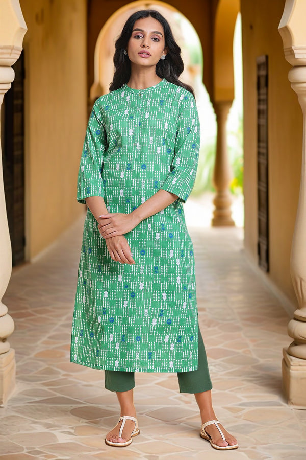 Green Printed Pure Cotton Straight Kurta and Parallel Pant Set