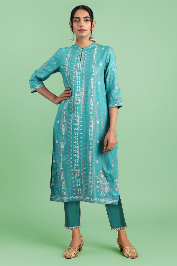 Blue Floral Printed Straight Kurta with Slim Pant Set