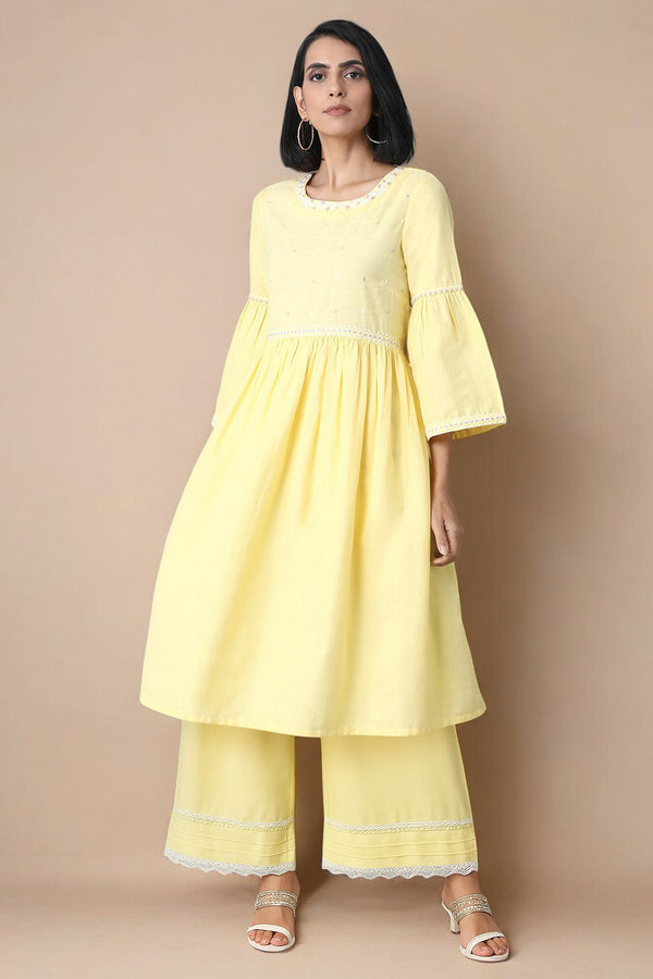 Yellow Thread Embroidery Pure Cotton Straight Dress and Parallel Pant Set