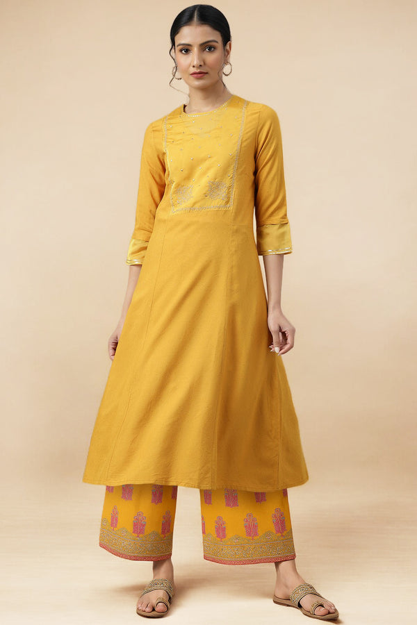 Yellow Metallic Embroidery Straight Kurta and Parallel Pant Set