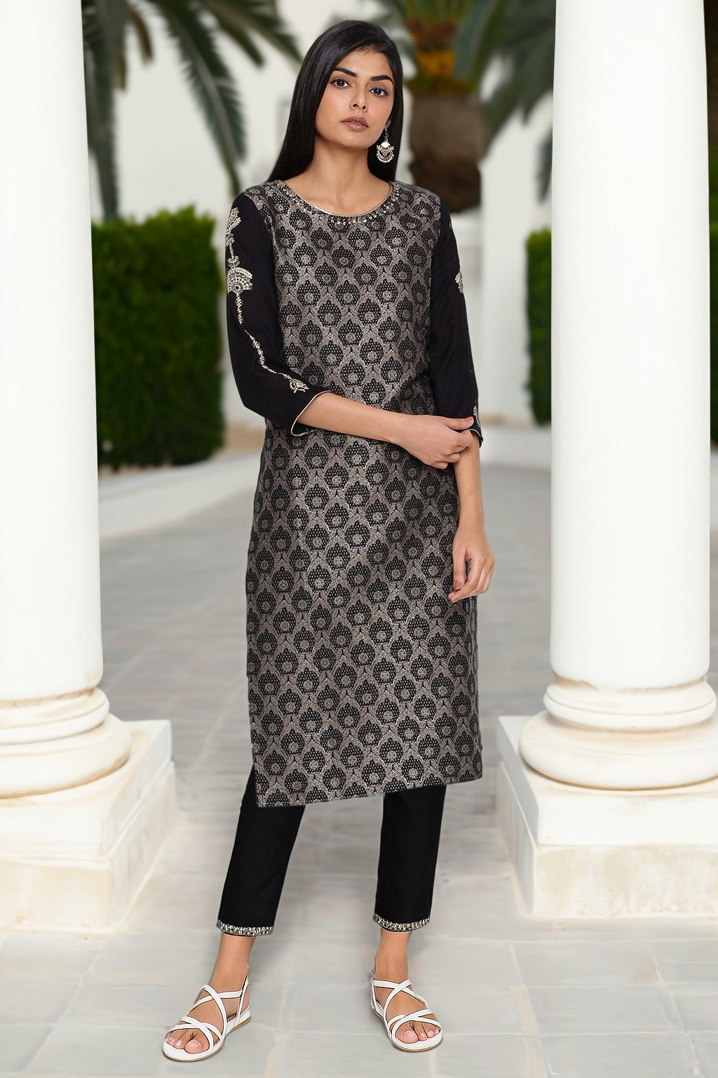 Black Metallic Embroidery Cotton Blend Straight Kurta and Slim Pant Set - XS