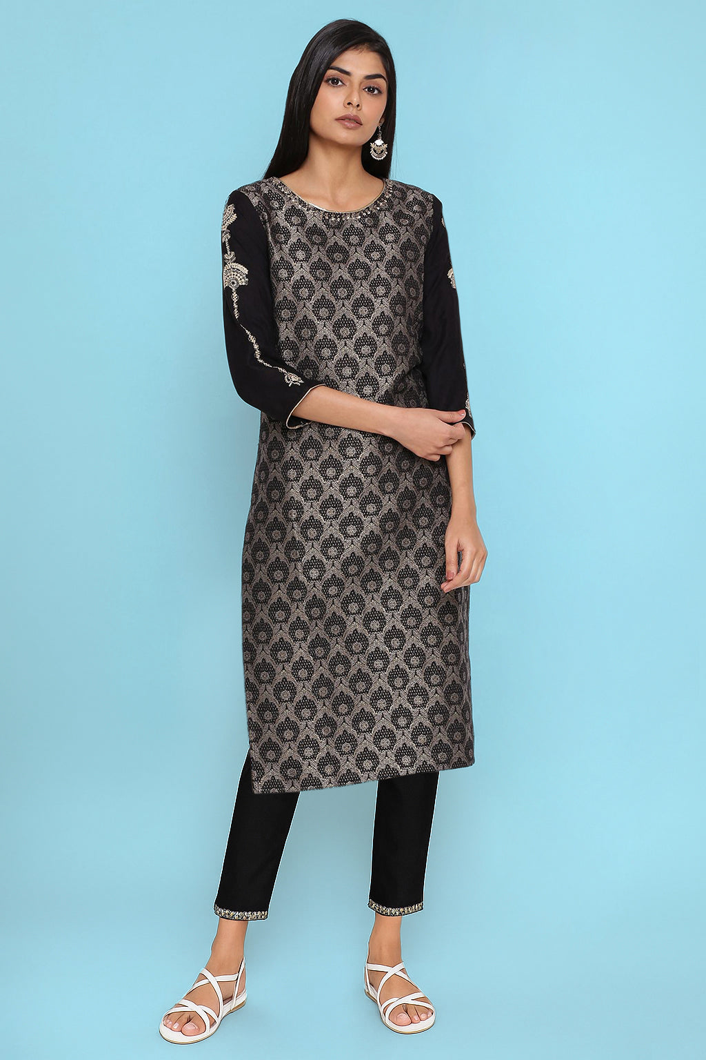 Black Metallic Embroidery Cotton Blend Straight Kurta and Slim Pant Set