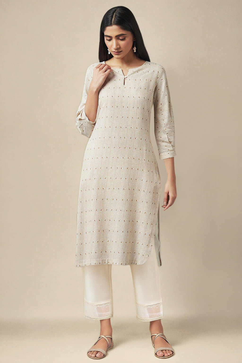Beige Straight Kurta and Slim Pant Set - XS