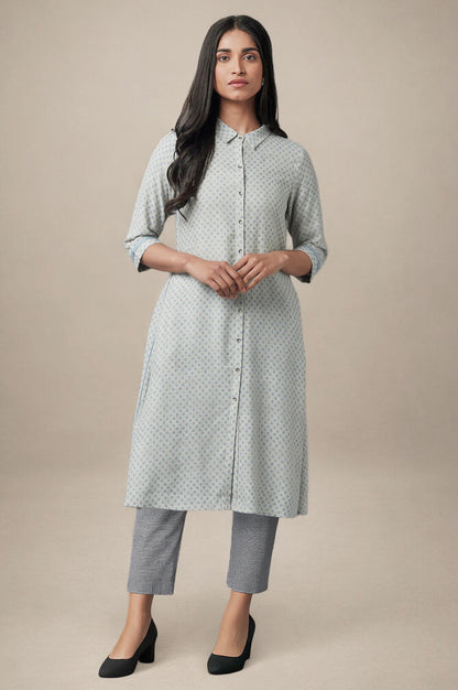 Grey Printed Rayon A-line Shirt Kurta and Slim Pant Set
