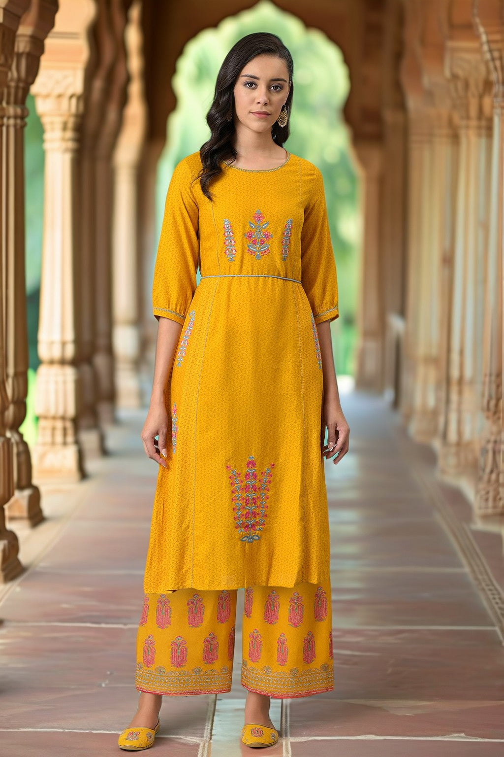 Yellow Thread Embroidery Rayon A-line Kurta and Parallel Pant Set - XS