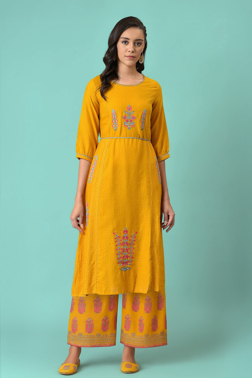 Yellow Thread Embroidery Rayon A-line Kurta and Parallel Pant Set