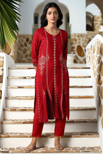 Red Straight Kurta and Slim Pant Set