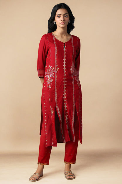 Red Straight Kurta and Slim Pant Set