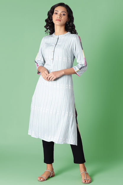 Light Blue Geometric Printed Rayon Dobby Straight Kurta with Slim Pant Set