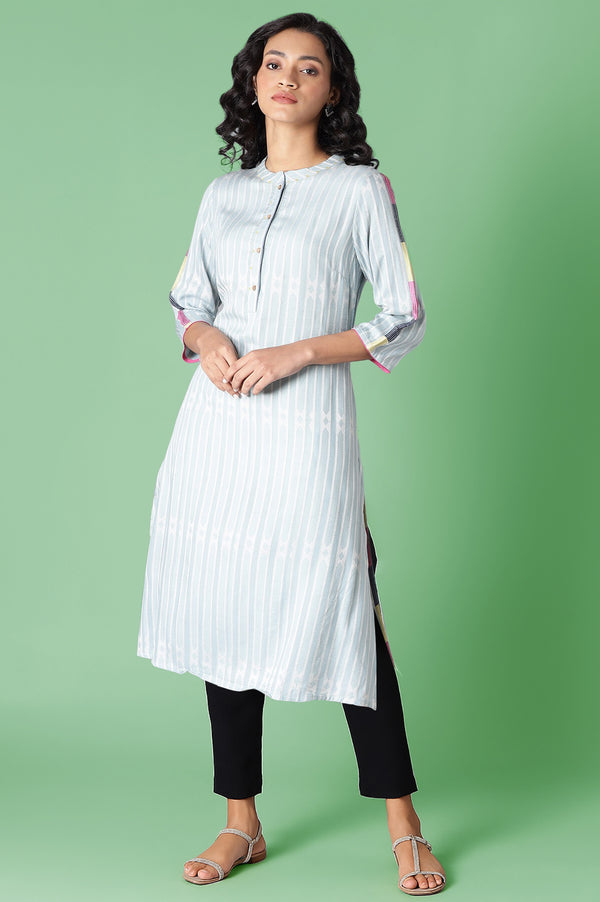 Light Blue Geometric Printed Rayon Dobby Straight Kurta with Slim Pant Set