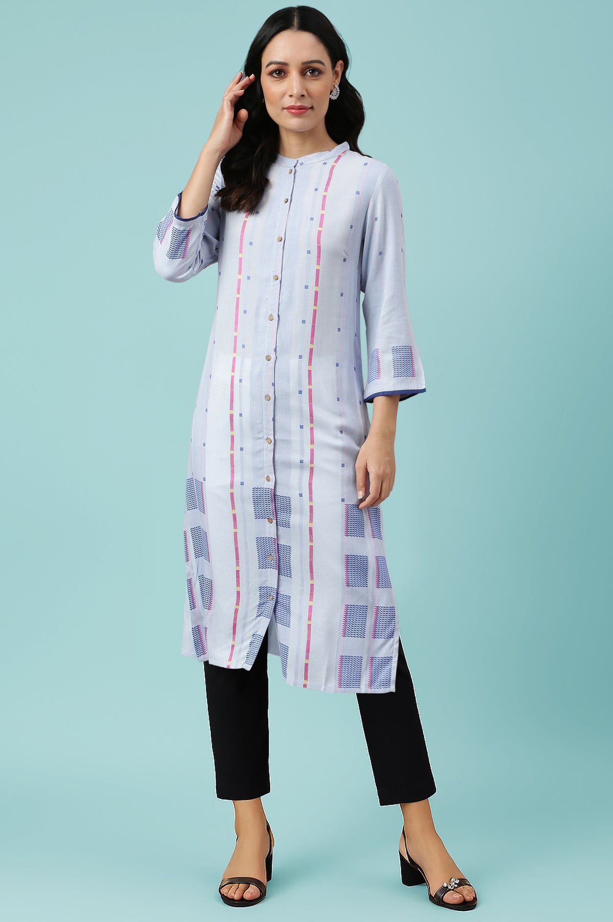 Light Blue Geometric Printed Rayon Dobby Straight Kurta with Slim Pant Set - XS