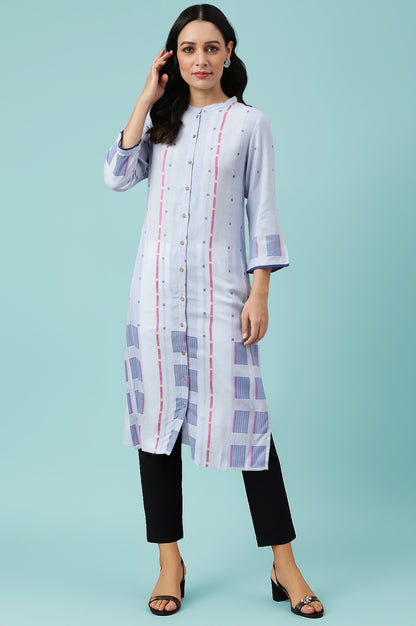Light Blue Geometric Printed Rayon Dobby Straight Kurta with Slim Pant Set