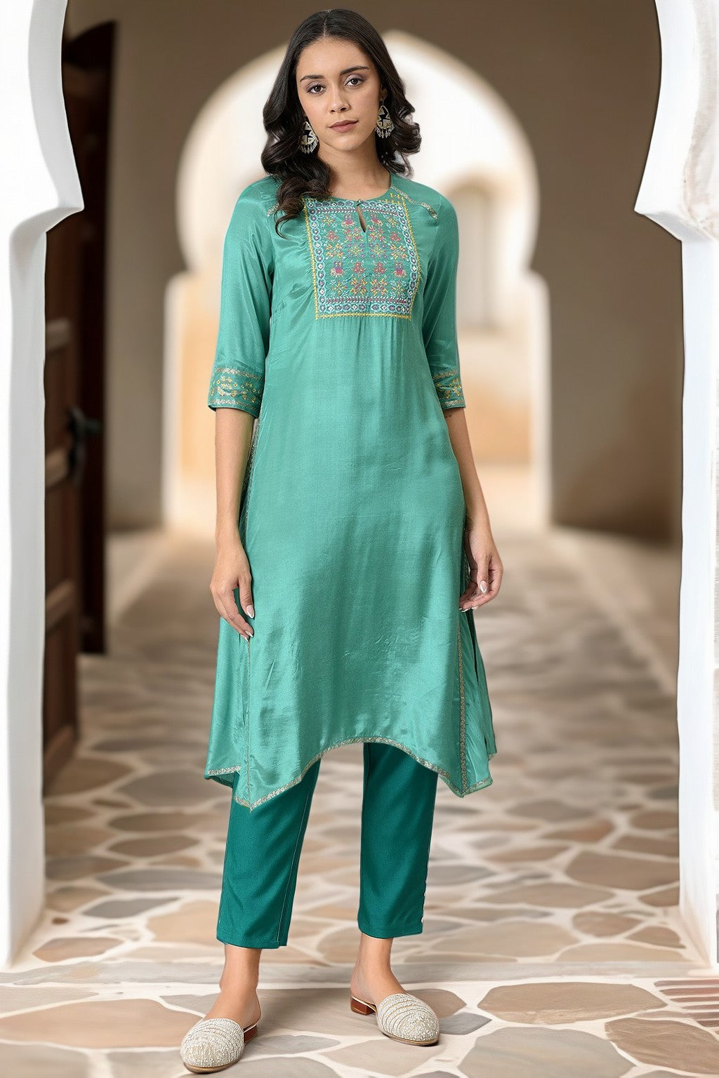 Green Thread Embroidery Straight Kurta and Slim Pant Set