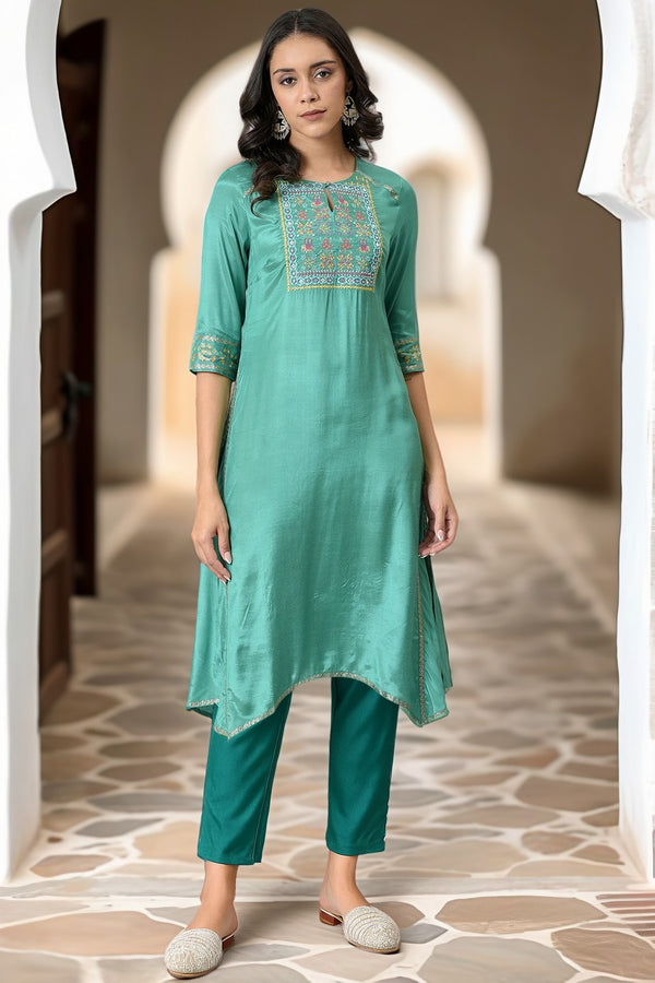 Green Thread Embroidery Straight Kurta and Slim Pant Set