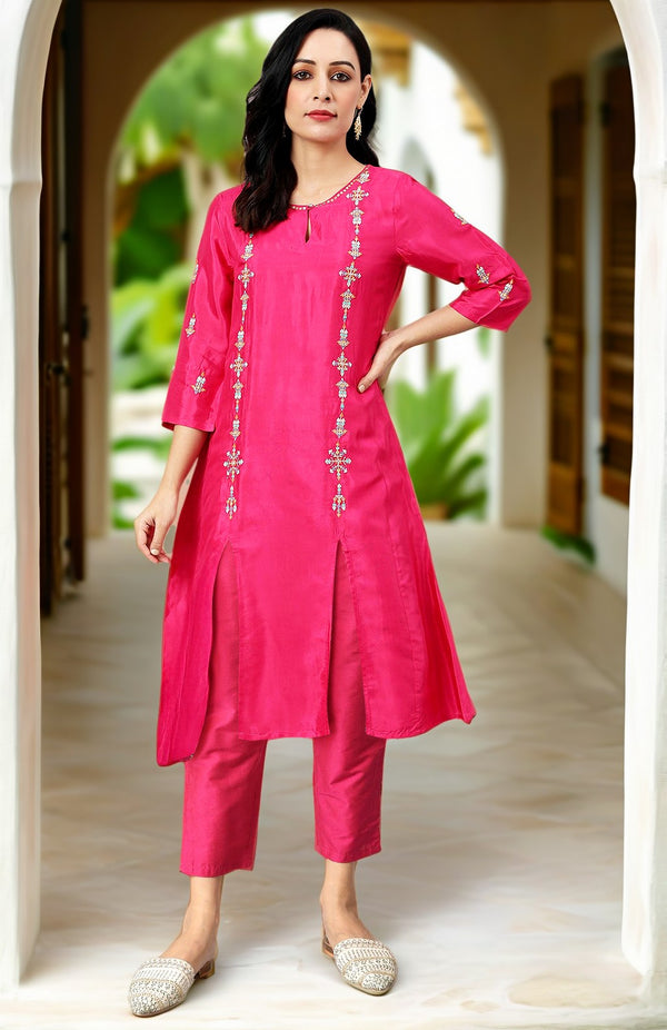 Pink Thread Embroidery Straight Kurta and Slim Pant Set