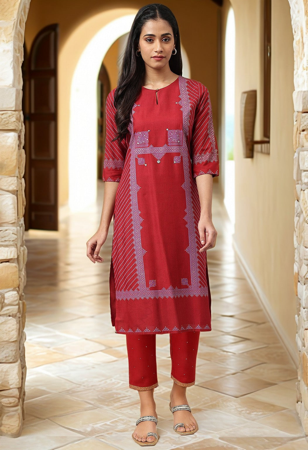 Red Sequins A-line Kurta and Slim Pant Set