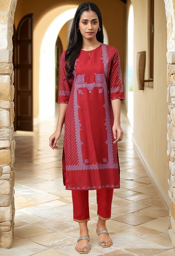 Red Sequins A-line Kurta and Slim Pant Set