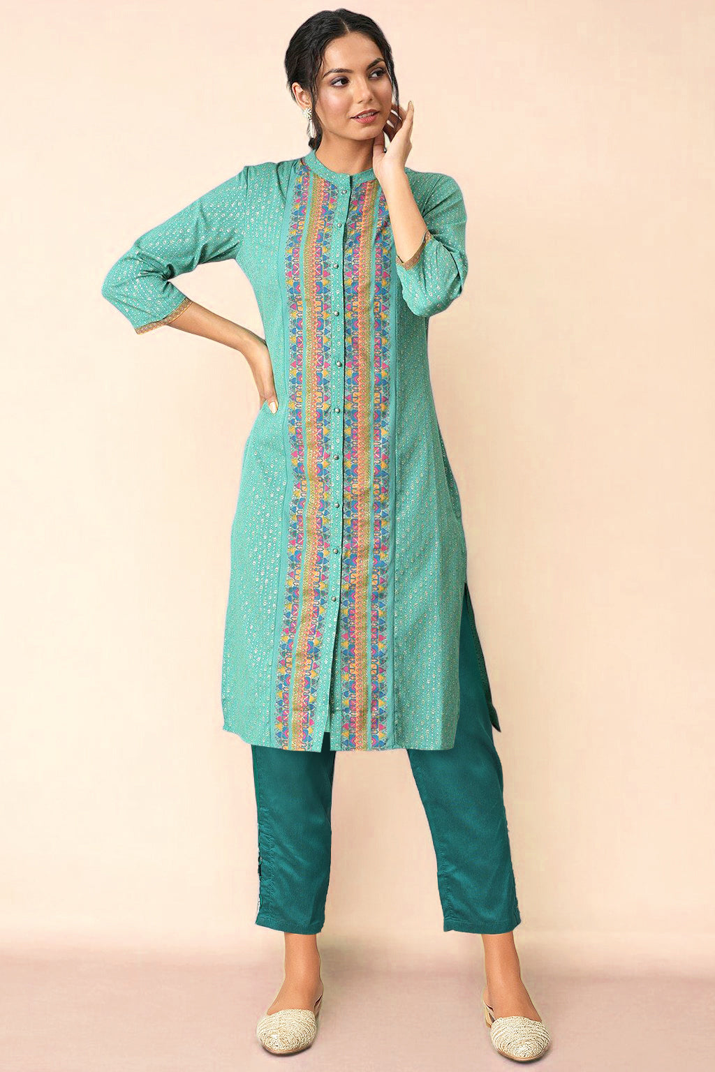 Green Crepe Straight Kurta and Slim Pant Set